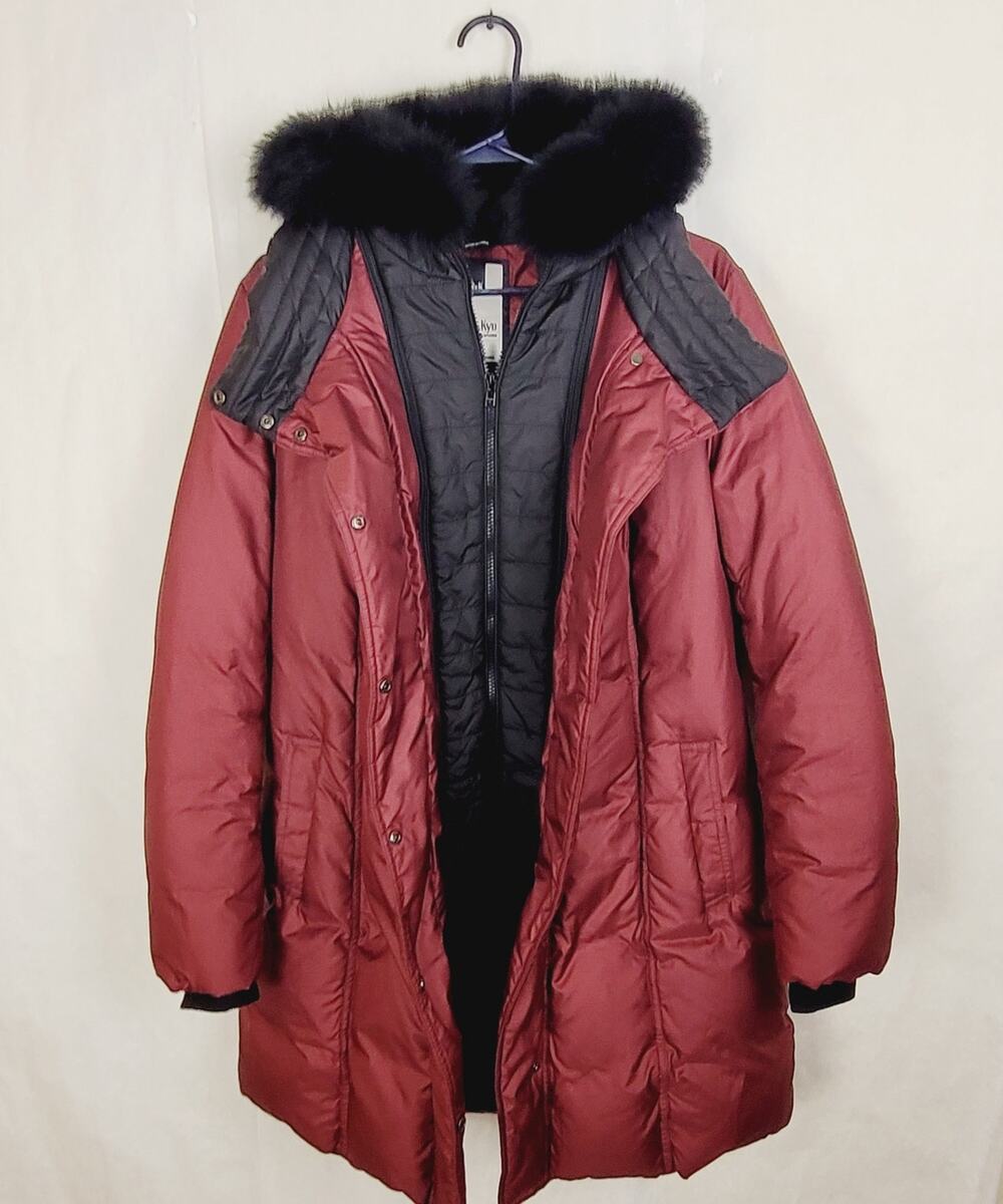 Soia & Kyo wine red feather down filled real fur trim hooded puffer coat Size L